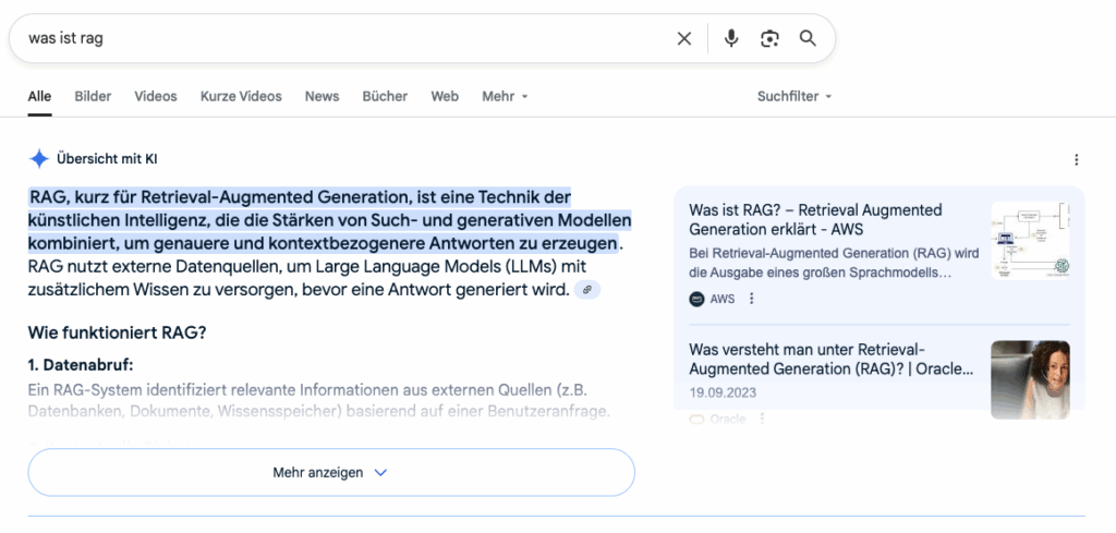 AI Overview Suchergebnis zu Retrieval Augmented Generation
