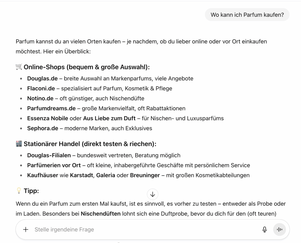 Antwort auf eine Suche nach Parfum-Shops in ChatGPT