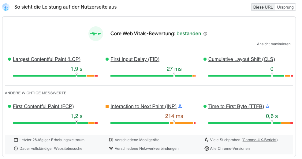 Anschauungsbild: Core Web Vitals in Pagespeed Insights