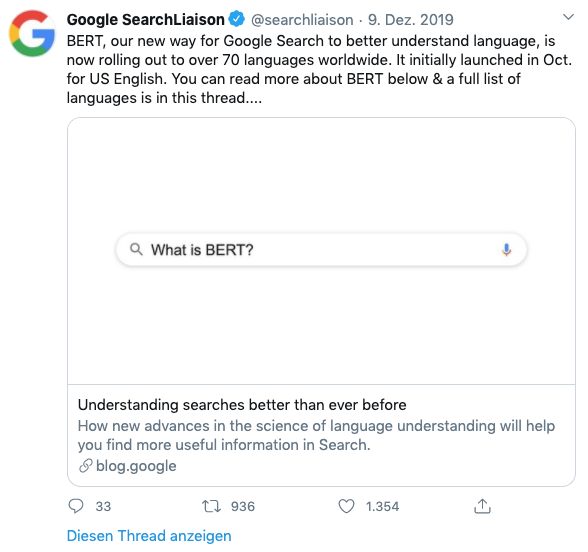 Google Searchliasion Tweet zum BERT Update Dezember 2019